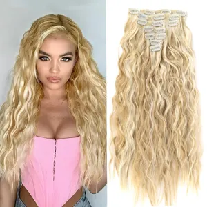 Extensiones de cabello sintético con clip de 22 pulgadas, pelo rubio ondulado natural.