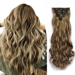 Extensiones de Cabello Sintético 7 Pzs Clip en Largo Ondulado Mechas Rubias 22 Pulg