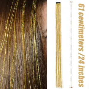 Glitzer tinsel haare extension clip in laser metallische feenhaar 24 zoll lang