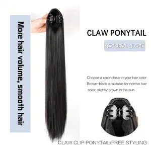 Long straight claw ponytail hair extension in natural black color, 50cm length detail view.