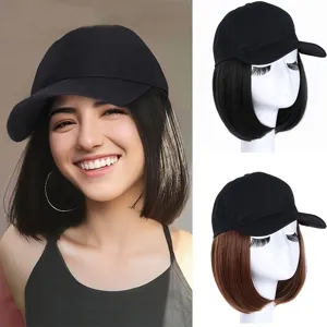 Detail view of baseball cap with short straight bob wig, combo hat and hair for daily wear.