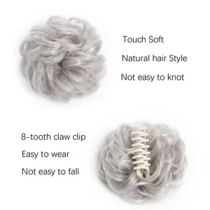 Detailed view of messy grey synthetic hair bun with 8-tooth claw clip, natural and soft.