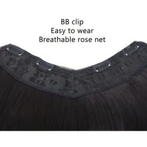Synthetic V-shaped hair extension with BB clips and breathable rose net for natural look.