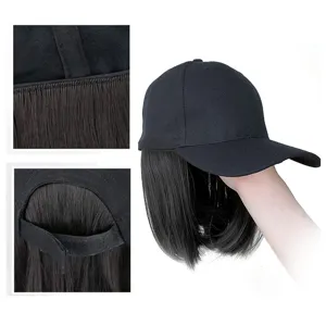 Black baseball cap with short straight bob wig, integrated design for daily wear and styling.