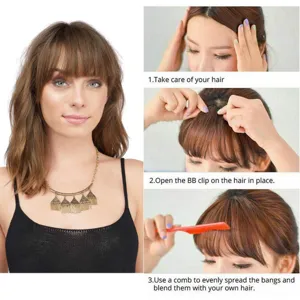Frangia in capelli naturali marrone scuro con clip BB per lo styling quotidiano delle donne.