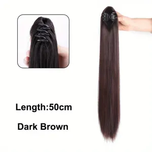 Long straight synthetic claw clip ponytail hair extension in dark brown, 50cm length.