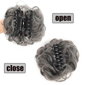 Synthetic hair bun claw clip messy hair extension for women, easy wear gray hair piece updo.