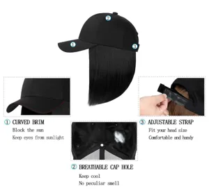 Black baseball cap with short straight wig, curved brim, breathable holes, adjustable strap.