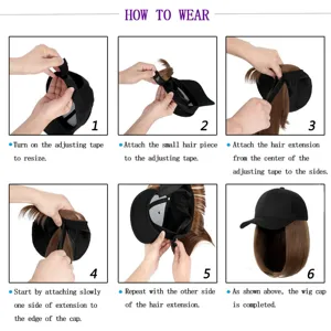 Baseball cap wig short straight bob hair extension wearing guide instruction detail image