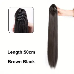Long straight synthetic claw clip ponytail hair extension, 50cm brown black piece for women.
