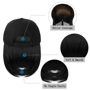 Black baseball cap wig detail featuring soft smooth hair texture and better coverage design.