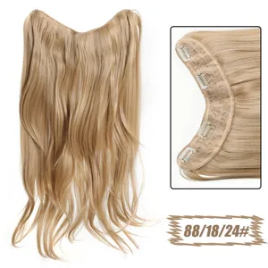 Detail shot of V-shaped synthetic hair extensions, long wavy blonde one-piece clip-in hair piece.