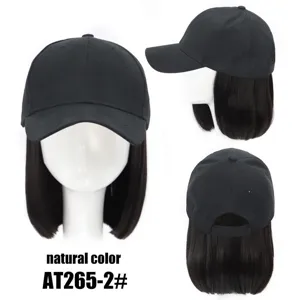 Black baseball cap with short straight bob wig, synthetic hair hat for daily wear, natural color.