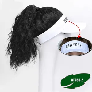 Detailed view of women long curly hair hat, white sun visor baseball cap wig piece.
