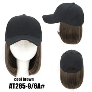 Black baseball cap with short brown bob straight wig, versatile synthetic hair cap for daily wear.