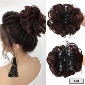 Detailed view of messy synthetic hair bun with claw clip design, showing natural texture and fix.