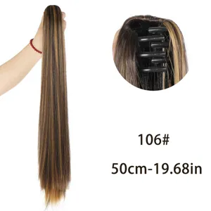 Long straight claw clip ponytail hair extension 50cm 19.68in synthetic ombre brown wig piece