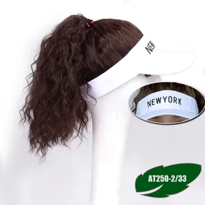 Short curly hair hat wig for women, brown wig with white baseball cap and letters.