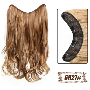 Detail view of V-shaped synthetic clip-in hair extension with natural layered curls and secure clips.