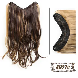 Detailed view of V-shaped synthetic hair extension clip, showing inner clips and highlights.