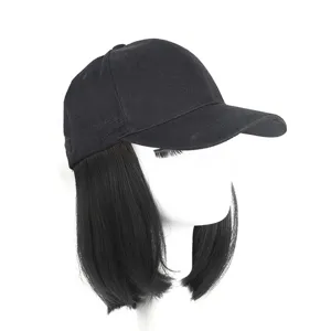 Black baseball cap with short straight bob wig, integrated hair hat for daily wear.