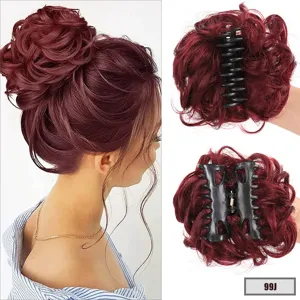 Claw clip hair bun extension, messy burgundy updo hairpiece for women detail view.
