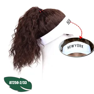 Women synthetic curly hair wig with white sun visor hat, stylish everyday wear accessory.