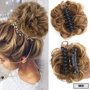 Synthetic claw clip messy hair bun hairpiece with black clip, blonde highlighted hair.