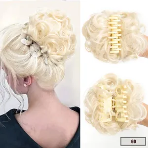 Synthetic blonde curly claw clip hair bun extension for women daily styling and party use.