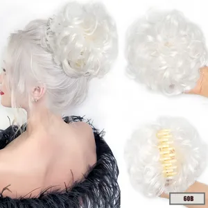 Synthetic messy hair bun claw clip hair extension detail view in platinum white shade 60B.