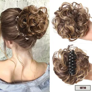 Claw clip messy hair bun wig extension, brown gradient synthetic hair piece for daily wear.