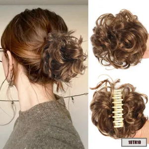Synthetic messy hair bun claw clip updo hairpiece natural brown curly chignon extension