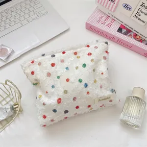 Sweet fuzzy organza polka dot makeup bag, large capacity portable cosmetic storage pouch.