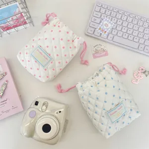 Quilted polka dot drawstring storage bag for camera jewelry and small items ins style cute pouch