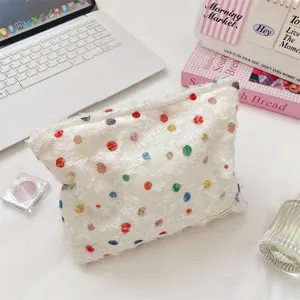 Sweet fluffy organza polka dot cosmetic bag large capacity portable makeup organizer pouch