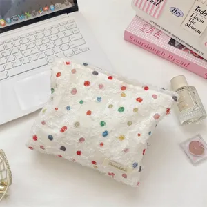 Sweet sheer organza polka dot makeup pouch, fluffy edge portable cosmetic storage bag.