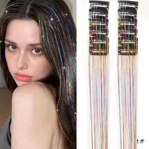 Kit d'extensions de cheveux tinsel a clip avec meches pailletees colorees fete.