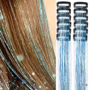 Extensions de cheveux tinsel bleues avec clip mèches brillantes pour fête style quotidien
