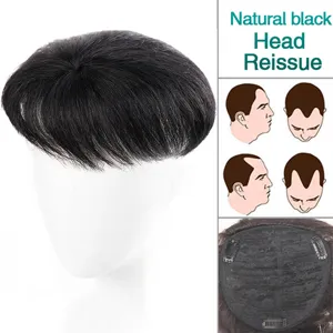 Men human hair toupee natural black hairpiece breathable base clip hair replacement