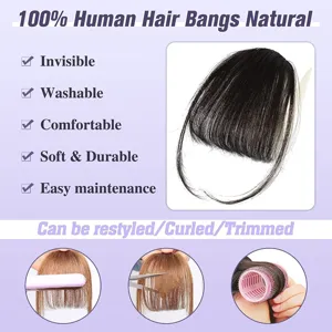 Human hair bangs detail showing soft texture, washable feature and restyling options.