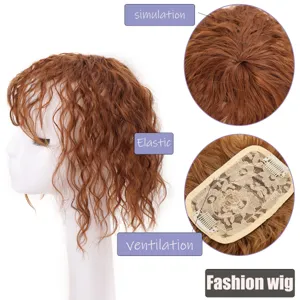 Detailed view of brown curly hair topper piece with realistic lace cap and secure clips.