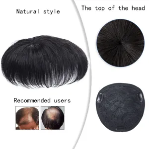 Men toupee detail showing natural style, top head vortex and breathable inner net base.