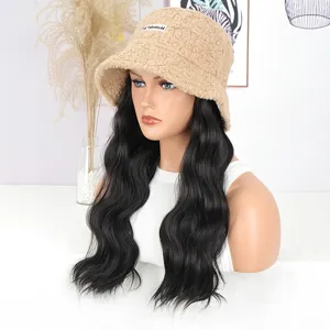 Detailed view of fluffy lamb wool bucket hat integrated with long black wavy wig, stylish design.