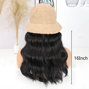 Fleece bucket hat with long curly wavy hair wig all-in-one winter warm headwear.