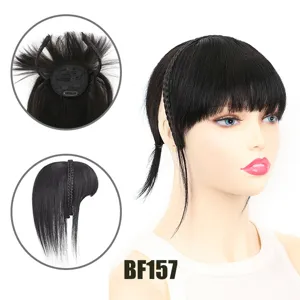 Human hair bangs with sideburns and braided headband, black French parting clip-on hairpiece detail.