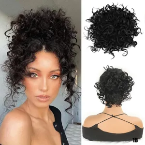 Synthetisch krullend haar knot rommelig opgestoken paardenstaart haarstukje zwart.