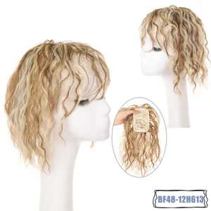 Detailed view of women's short curly hair topper wig piece with secure clips and net base.