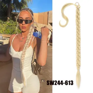 Synthetic blonde braided ponytail hair extension wrap around long hair piece for women