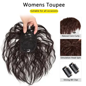 Womens human hair topper short curly toupee with breathable mesh base and secure BB clips.