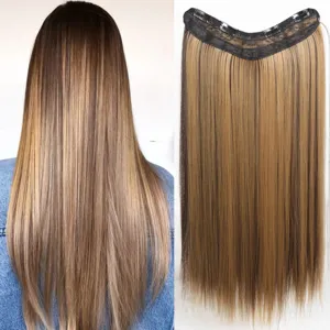 Extension de cheveux synthétique en V à clips, longue mèche raide marron en gros plan détail.